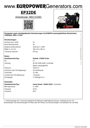 Agregaty prądotwórcze z silnikiem wysokoprężnym Europower EP 32 DE (LS)