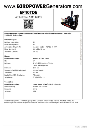Agregaty prądotwórcze z silnikiem wysokoprężnym Europower EP 40 TDE (LS)