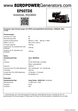 Agregaty prądotwórcze z silnikiem wysokoprężnym Europower EP 60 TDE (LS)
