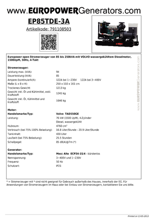 Agregaty prądotwórcze z silnikiem wysokoprężnym Europower EP85TDE-3A (MA)