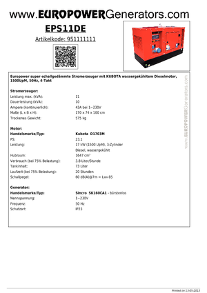 Agregaty prądotwórcze z silnikiem wysokoprężnym Europower EPS11DE (S)