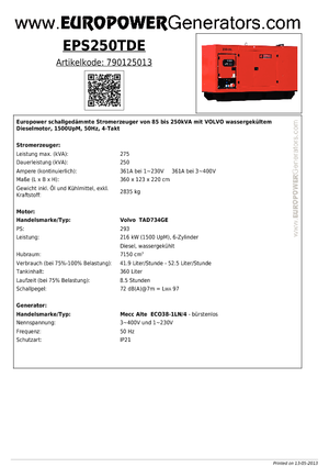 Agregaty prądotwórcze z silnikiem wysokoprężnym Europower EPS250TDE (MA)