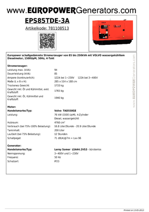 Agregaty prądotwórcze z silnikiem wysokoprężnym Europower EPS85TDE-3A (LS)