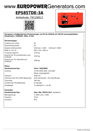Agregaty prądotwórcze z silnikiem wysokoprężnym Europower EPS85TDE-3A (MA)