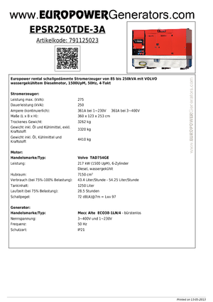 Agregaty prądotwórcze z silnikiem wysokoprężnym Europower EPSR250TDE-3A (MA)