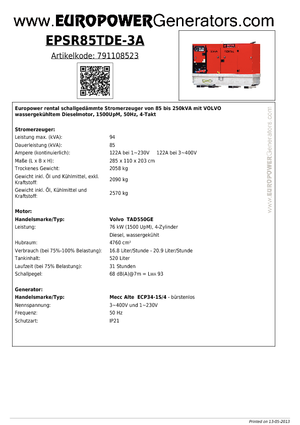 Agregaty prądotwórcze z silnikiem wysokoprężnym Europower EPSR85TDE-3A (MA)