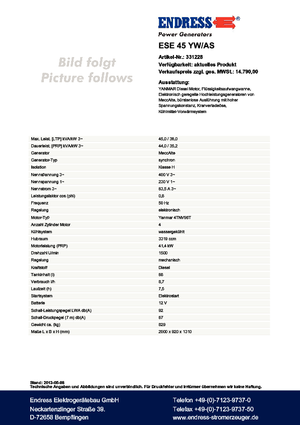 Agregaty prądotwórcze z silnikiem wysokoprężnym Endress ESE 45 YW/AS 