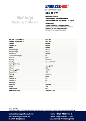 Agregaty prądotwórcze z silnikiem wysokoprężnym Endress ESE 45 YW 