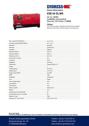 Agregaty prądotwórcze z silnikiem wysokoprężnym Endress ESE 65 DL-MS