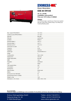 Agregaty prądotwórcze z silnikiem wysokoprężnym Endress ESE 80 DW-AS