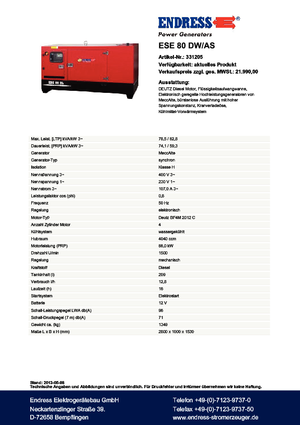Agregaty prądotwórcze z silnikiem wysokoprężnym Endress ESE 80 DW-AS