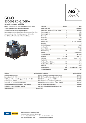 Agregaty prądotwórcze z silnikiem wysokoprężnym Geko ® 250003 ED-S/DEDA