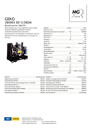 Agregaty prądotwórcze z silnikiem wysokoprężnym Geko ® 380003 ED-S/DEDA