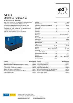 Agregaty prądotwórcze z silnikiem wysokoprężnym Geko ® 60010 ED-S/DEDA