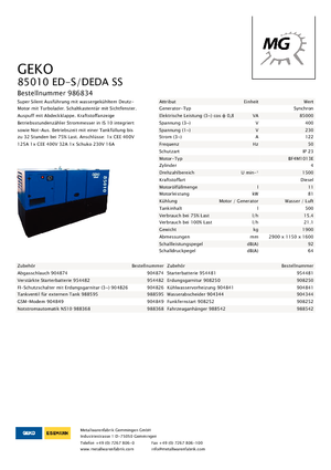 Agregaty prądotwórcze z silnikiem wysokoprężnym Geko ® 85010 ED-S/DEDA