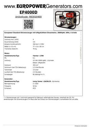 Agregaty prądotwórcze z silnikiem wysokoprężnym Europower EP 4000 D (LS)