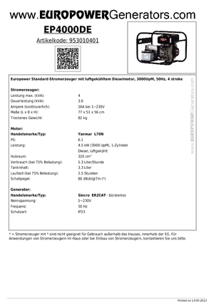 Agregaty prądotwórcze z silnikiem wysokoprężnym Europower EP4000DE (S)