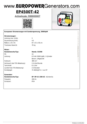 Agregaty prądotwórcze z silnikiem wysokoprężnym Europower EP4500T-42 (EP)