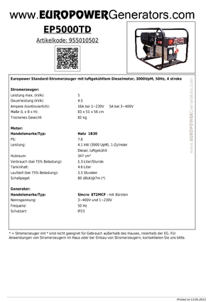 Agregaty prądotwórcze z silnikiem wysokoprężnym Europower EP5000TD (S)