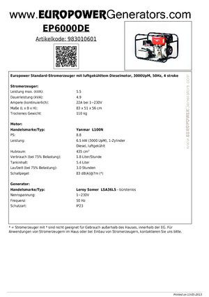 Agregaty prądotwórcze z silnikiem wysokoprężnym Europower EP 6000 DE (LS)