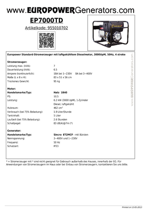 Agregaty prądotwórcze z silnikiem wysokoprężnym Europower EP7000TD (S)