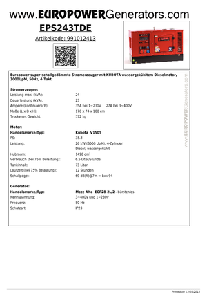 Agregaty prądotwórcze z silnikiem wysokoprężnym Europower EPS243TDE (MA)