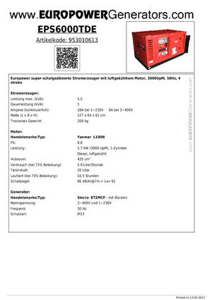 Agregaty prądotwórcze z silnikiem wysokoprężnym Europower EPS6000TDE (S)