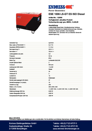 Agregaty prądotwórcze z silnikiem wysokoprężnym Endress ESE 1006 LS-GT ES ISO DI