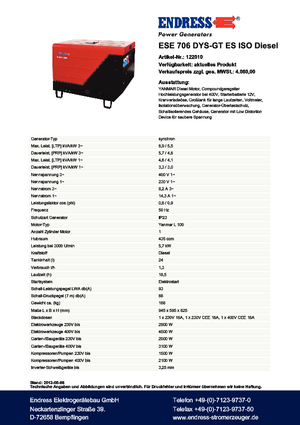 Agregaty prądotwórcze z silnikiem wysokoprężnym Endress ESE 706 DYS-GT ES ISO DI