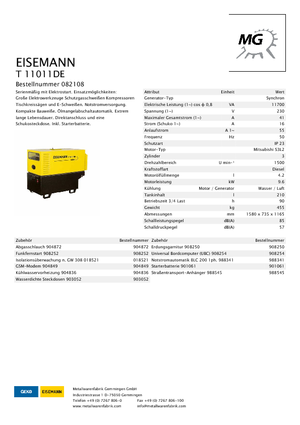 Agregaty prądotwórcze z silnikiem wysokoprężnym Eisemann T 11011 DE