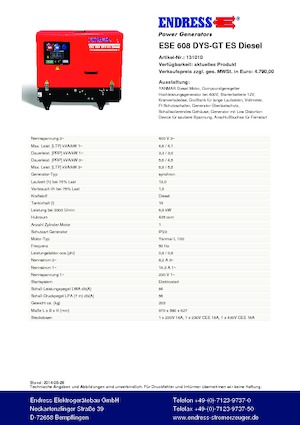 Agregaty prądotwórcze z silnikiem spalinowym Endress ESE 608 DYS-GT ES DI