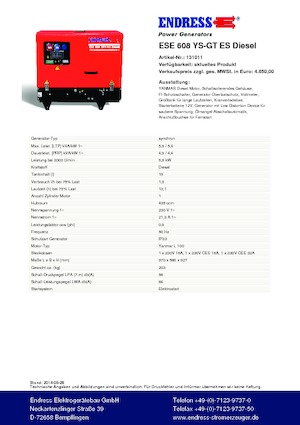 Agregaty prądotwórcze z silnikiem spalinowym Endress ESE 608 YS-GT ES DI