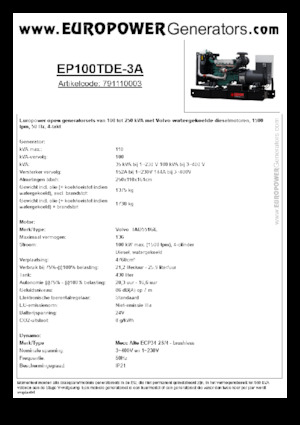 Agregaty prądotwórcze z silnikiem wysokoprężnym Europower EP100TDE-3A (MA)
