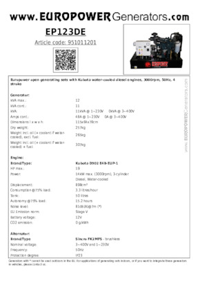 Agregaty prądotwórcze z silnikiem wysokoprężnym Europower EP123DE (S)
