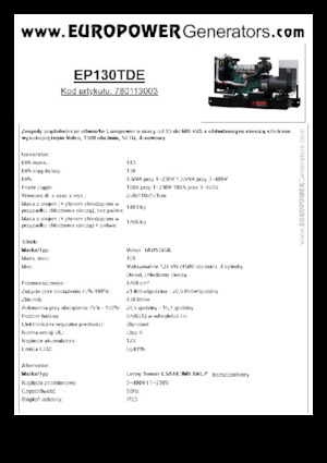 Agregaty prądotwórcze z silnikiem wysokoprężnym Europower EP130TDE (LS)