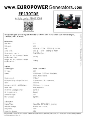 Agregaty prądotwórcze z silnikiem wysokoprężnym Europower EP130TDE (MA)