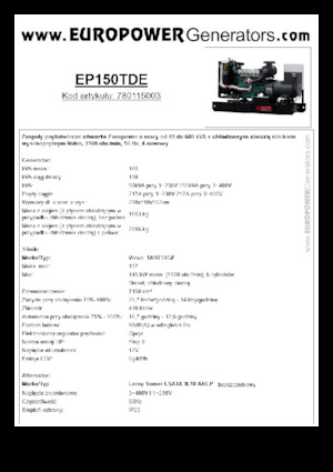Agregaty prądotwórcze z silnikiem wysokoprężnym Europower EP150TDE (LS)