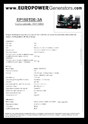 Agregaty prądotwórcze z silnikiem wysokoprężnym Europower EP150TDE-3A (LS)