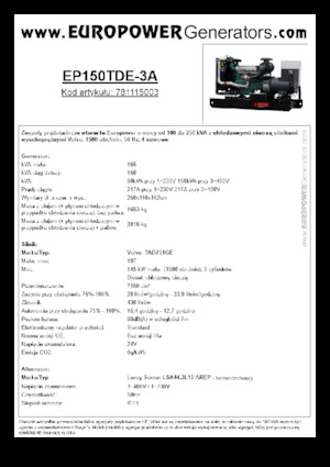 Agregaty prądotwórcze z silnikiem wysokoprężnym Europower EP150TDE-3A (LS)