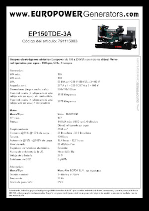Agregaty prądotwórcze z silnikiem wysokoprężnym Europower EP150TDE-3A (MA)