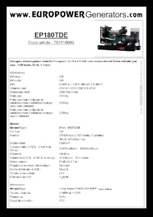 Agregaty prądotwórcze z silnikiem wysokoprężnym Europower EP180TDE (LS)