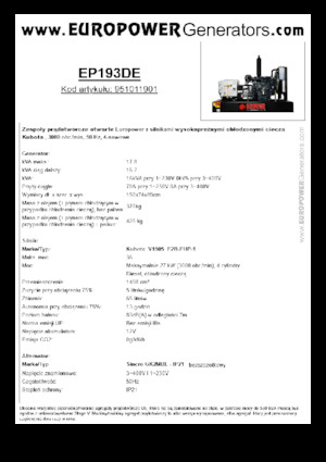 Agregaty prądotwórcze z silnikiem wysokoprężnym Europower EP193DE (S)