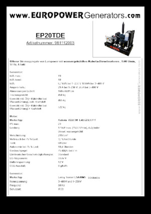 Agregaty prądotwórcze z silnikiem wysokoprężnym Europower EP20TDE (LS)