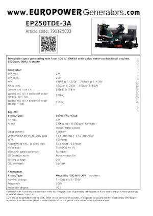 Agregaty prądotwórcze z silnikiem wysokoprężnym Europower EP250TDE-3A (MA)
