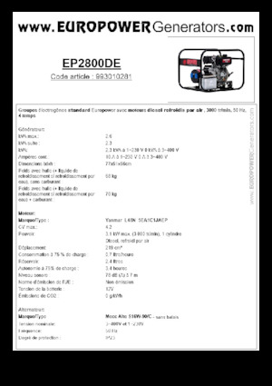 Agregaty prądotwórcze z silnikiem wysokoprężnym Europower EP2800DE (MA)