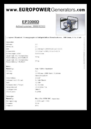 Agregaty prądotwórcze z silnikiem wysokoprężnym Europower EP3000D (MA)