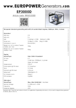 Agregaty prądotwórcze z silnikiem wysokoprężnym Europower EP3000D (MA)