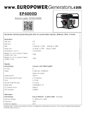Agregaty prądotwórcze z silnikiem wysokoprężnym Europower EP4000D (S)