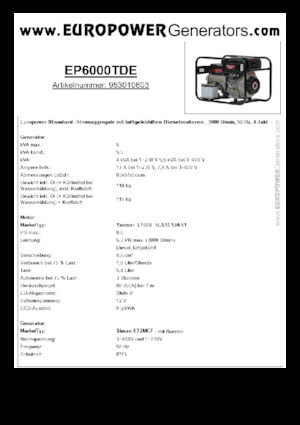 Agregaty prądotwórcze z silnikiem wysokoprężnym Europower EP6000TDE (S)