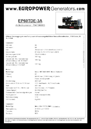 Agregaty prądotwórcze z silnikiem wysokoprężnym Europower EP60TDE-3A (MA)
